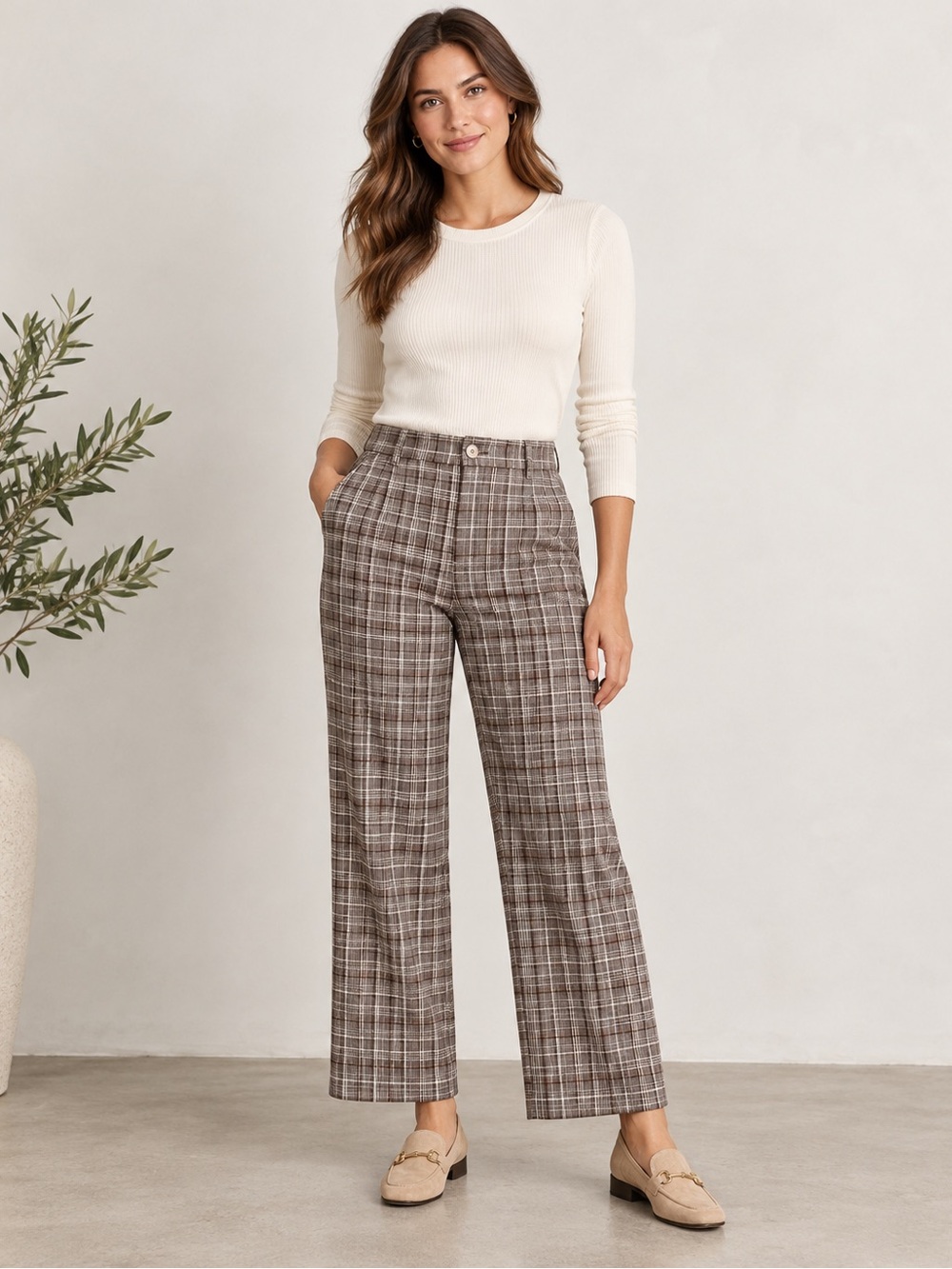 Anthropologie Plaid Wide-Leg Trousers in Brown and Cream